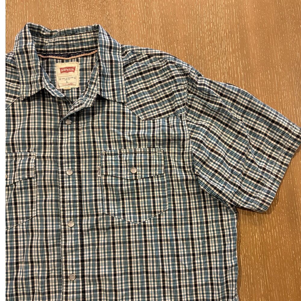 Levi's Mens Pearl Snap Shirt Western Cowboy Blue Plaid Short Sleeve Cotton Large